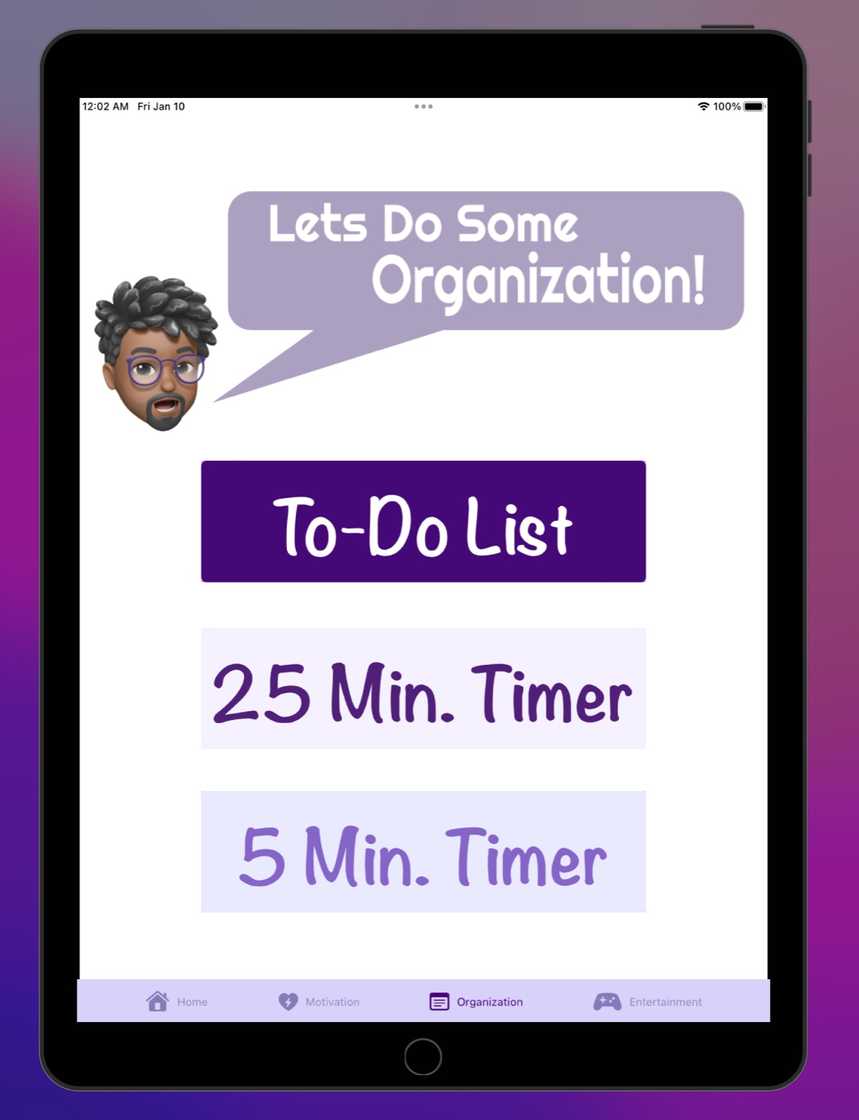 Organization menu: to-do list and 2.5 / 5-minute Pomodoro timers