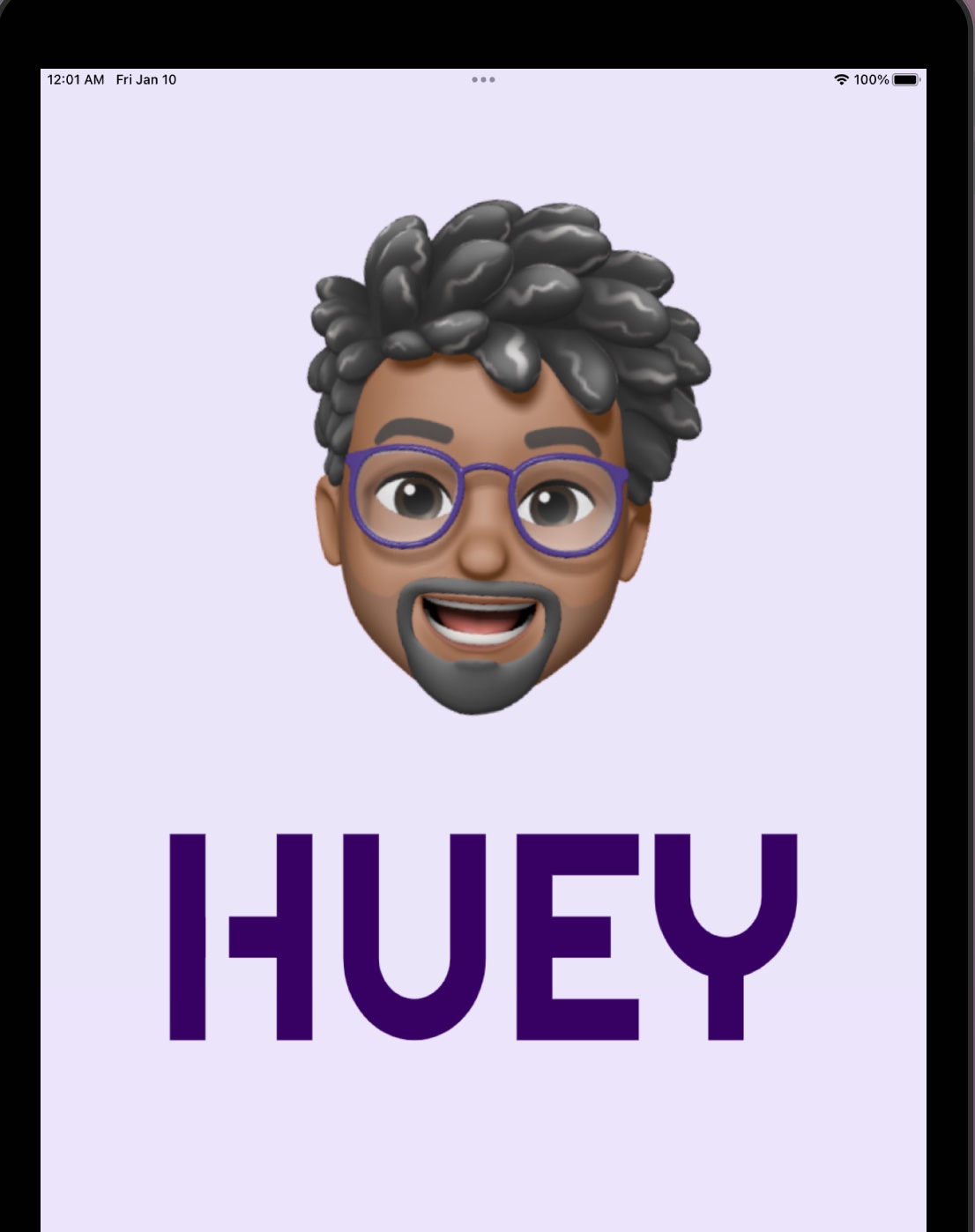 Huey app launch screen: the memoji mascot and the HUEY wordmark