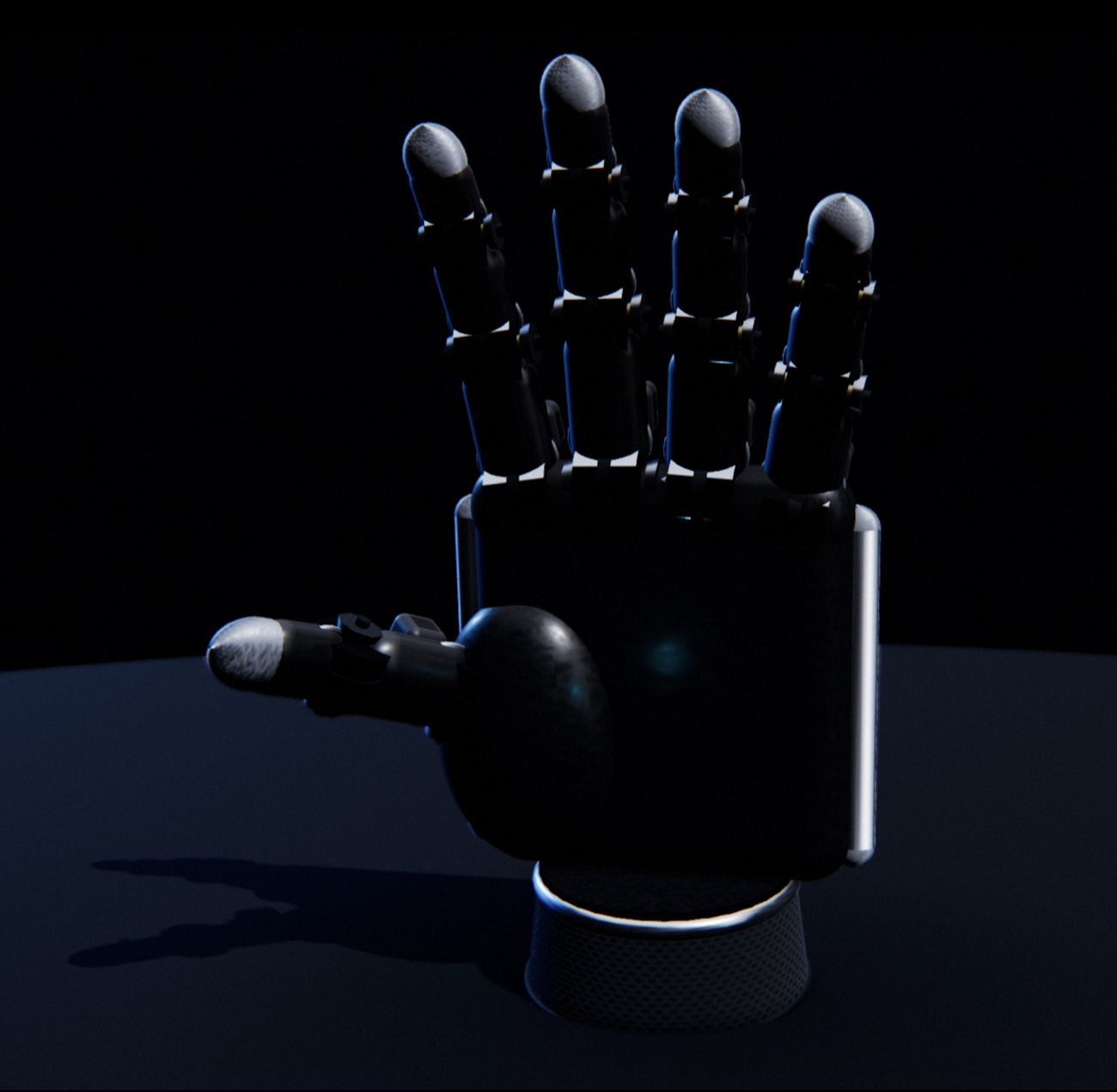 Five-finger robot-hand actuator CAD render, dorsal view