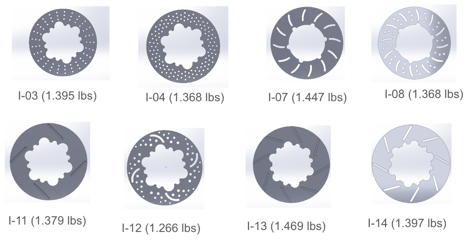 CAD of multiple brake rotor design iterations
