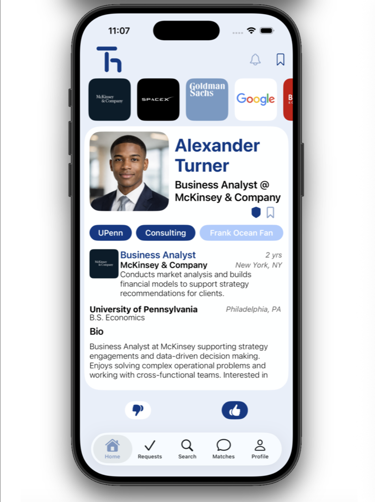 Thesio home discovery feed with a profile card and organization tiles